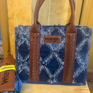 Wrangler Denim Crossbody tote w frayed denim pattern & whipstitch leather detail